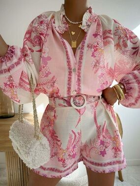 Floral Print Button-Down Shirt and Belted Shorts Two-Piece Set